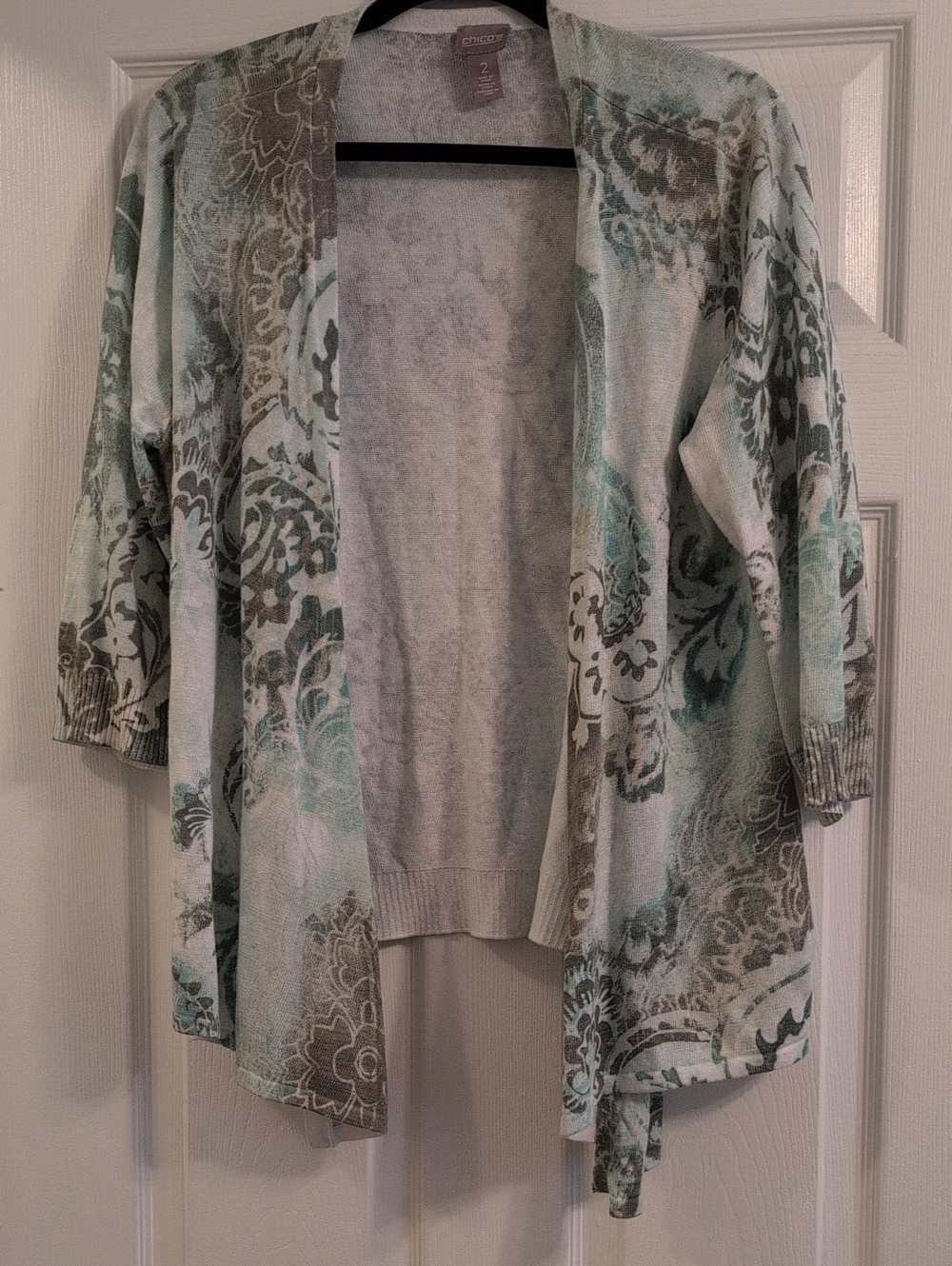 Chico's Mint and Gray Floral Open Cardigan